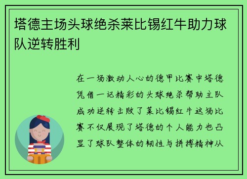 塔德主场头球绝杀莱比锡红牛助力球队逆转胜利
